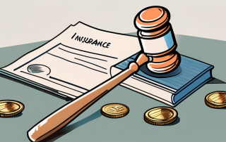 A courtroom gavel next to an insurance policy and a pile of coins