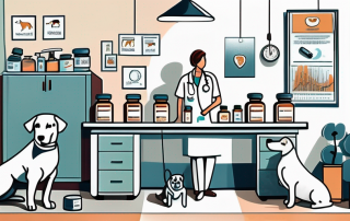 A veterinarian's office with a dog on the examination table