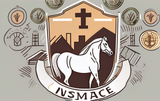 A horse surrounded by insurance-related symbols such as a shield
