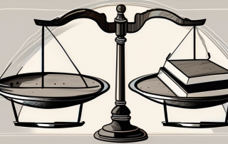 A balance scale with a contract on one side and a shield (symbolizing insurance) on the other