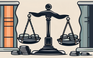A balance scale with a gavel on one side and a pile of coins on the other