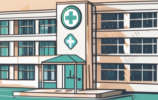 A hospital building with a safety shield symbol hovering over it