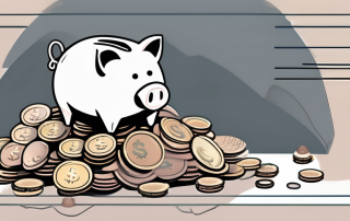 A piggy bank sitting on a pile of coins
