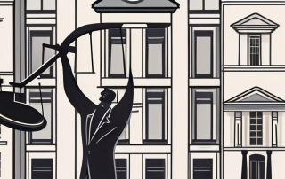 A scale balancing a gavel and a corporate building
