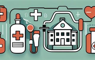 A medical cross symbol surrounded by various healthcare related icons such as a stethoscope