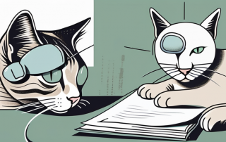 A cat examining a magnifying glass over a document with a paw print on it