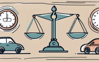 A balance scale with insurance-related symbols such as a house