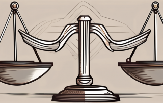 A balanced scale with legal documents on one side and a shield
