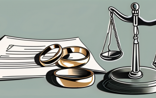 A broken wedding ring next to a legal document and a scale of justice