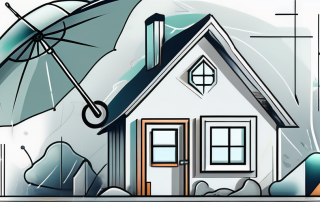 A newly constructed building with various insurance protection symbols like a shield