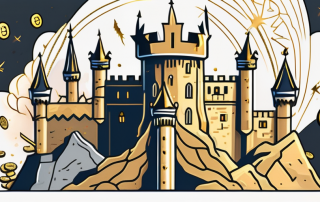A medieval castle with a dragon flying overhead