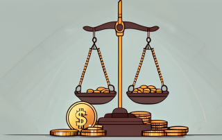 A balanced scale with a gavel on one side and a pile of coins on the other