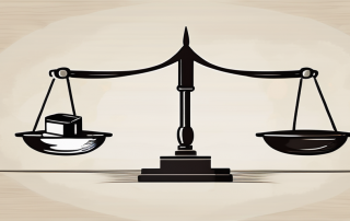 A balance scale where one side holds a gavel (symbolizing law) and the other side holds a hard hat (symbolizing work)
