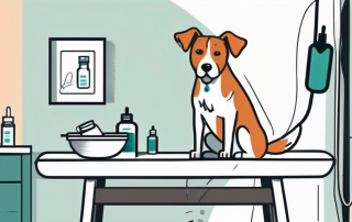 A dog sitting patiently on a vet's examination table with a vaccine syringe nearby