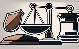A balance scale with a gavel on one side and a shield on the other