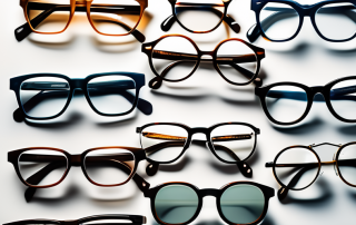Various types of eyeglasses arranged in a comparison chart