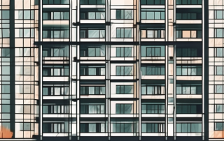 A rental apartment building with visible elements indicating insurance protection such as a shield or a safety net