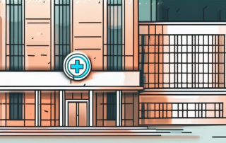 A hospital building with a protective shield overlay symbolizing insurance