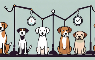 Various dog breeds standing on a balance scale