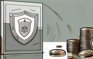A life insurance policy document with a shield symbolizing protection and a pile of coins in the background to represent the payout