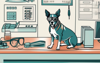 A dog wearing post-surgery protective eyewear