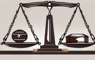 A balance scale with a briefcase on one side and a gavel on the other