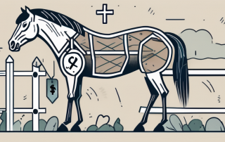 A horse standing in a stable with various symbols like a medical cross