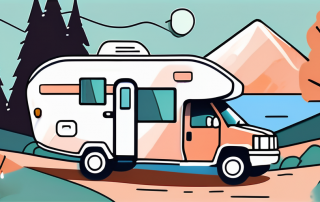 A motorhome parked in a scenic camping spot with a shield symbolizing insurance