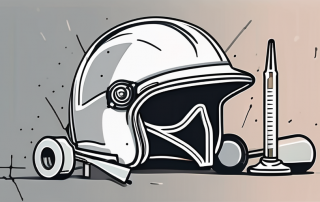 A broken vaccine syringe next to a safety helmet and a shield