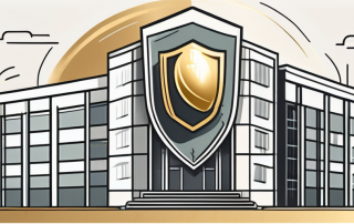 A corporate building with a safety shield symbolizing insurance