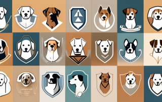 A few different dog breeds with various insurance policy icons (like a shield