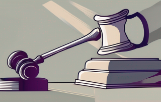 A broken vase under a looming shadow of a gavel
