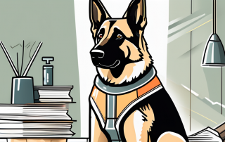 A german shepherd wearing a safety vest
