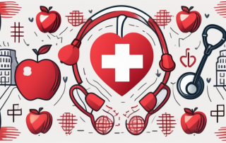 An insurance policy surrounded by various health and wellness symbols like a stethoscope