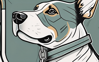 A dog with a leash attached to a shield symbolizing protection
