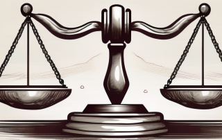 A balanced scale with a gavel on one side and a house (representing estate) on the other