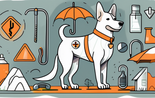 An elderly dog wearing a safety vest