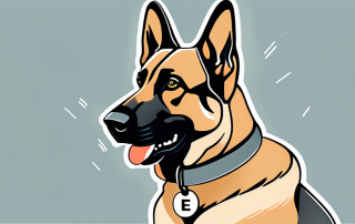 A german shepherd wearing a collar with a tag shaped like a euro symbol