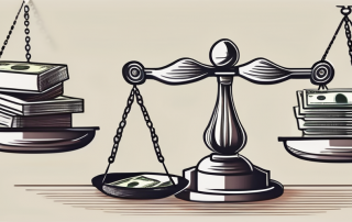A balanced scale with legal documents and money on each side