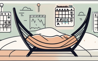 A sickbed with a calendar showing a progression of six weeks and a safety net underneath it