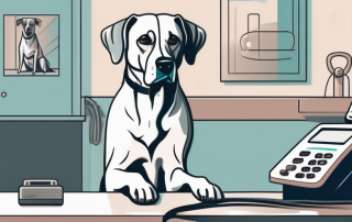 A worried dog sitting in a veterinary clinic
