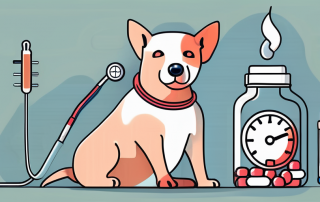 A dog wearing a bandage and a stethoscope around its neck