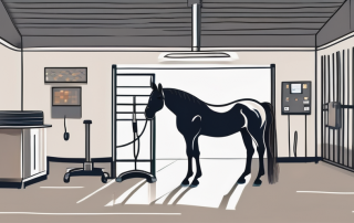 A horse in a stable with medical equipment nearby