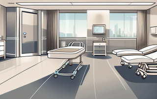 A luxurious private hospital room with high-end medical equipment and comfortable furnishings
