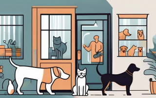 A veterinary clinic with various animals like dogs and cats