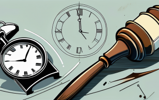A broken wedding ring next to a gavel and a clock
