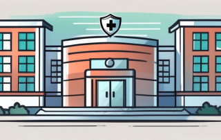 A hospital building with a safety shield symbolizing insurance