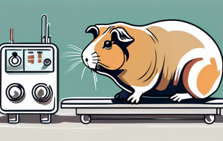 A guinea pig at a vet's clinic with various medical equipment
