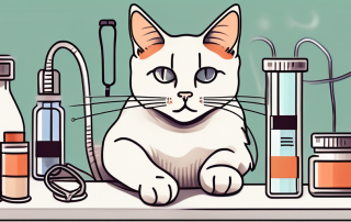 A cat sitting on a veterinary examination table with various medical equipment like a stethoscope