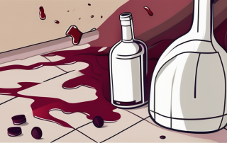 A broken vase and a spilled wine bottle on a carpet